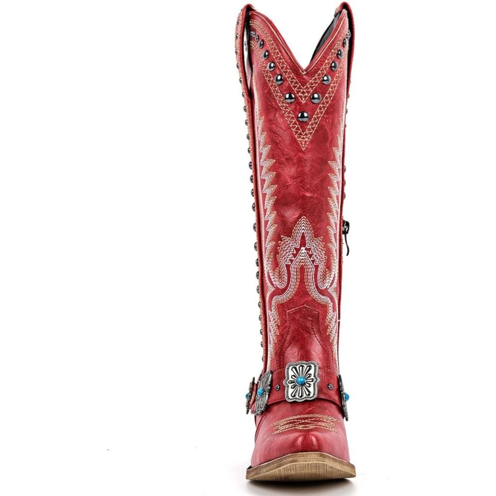 Women's Red Leather Embroidered Knee High Chunky Heels Western Cowgirl Boots - Picture 5 of 6